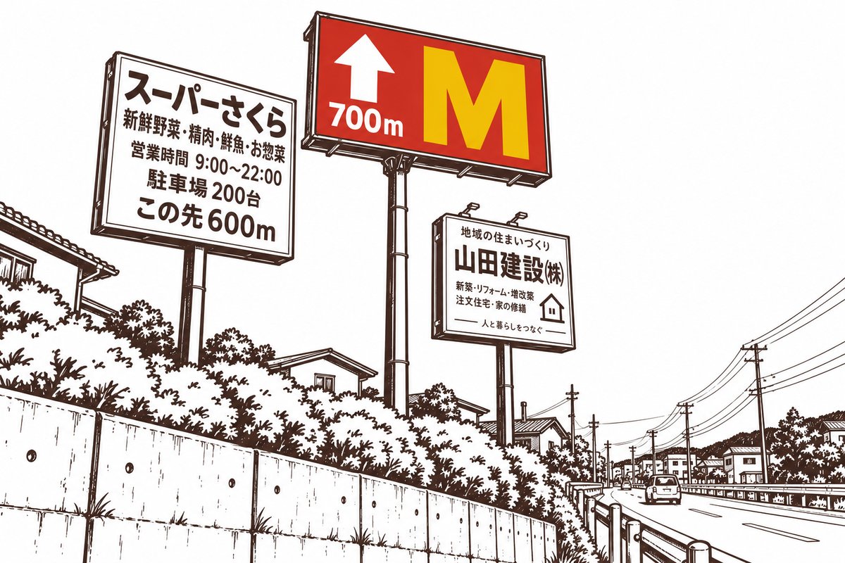 道路沿いに並ぶポール看板。赤い看板には、上向きの矢印と700m、黄色い大きな「M」だけ。隣の白い看板には、店名や営業時間などの文字がぎっしり並んでいる