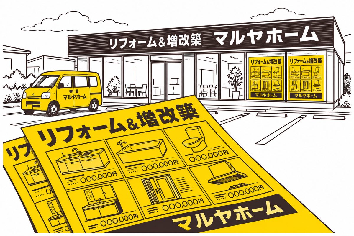 黄色いチラシ、窓に貼った黄色いポスター、黄色い営業車のあるリフォーム会社のショールーム