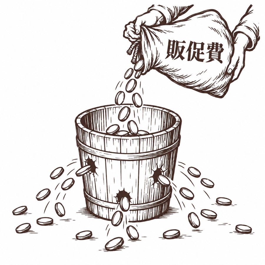 「販促費」の袋から注いだ硬貨が、穴の空いた桶からこぼれ落ちている