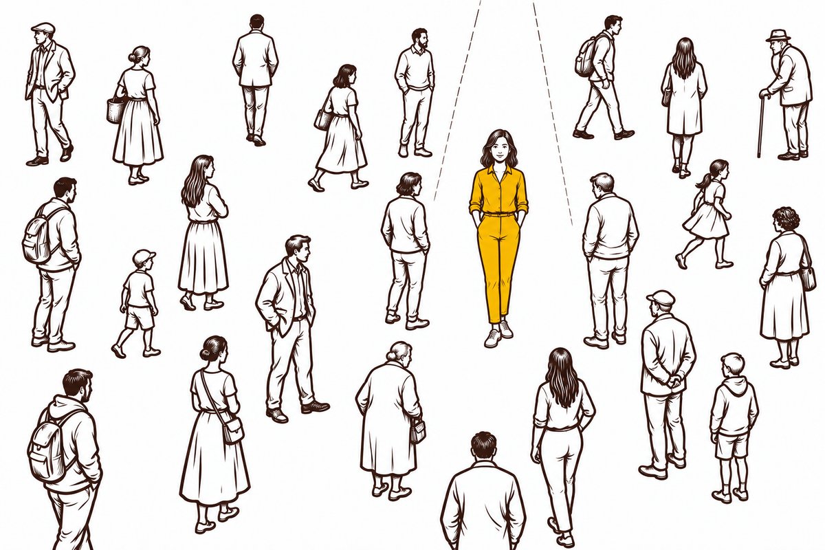 広場にいる大勢の人の中で、一人にだけ光が当たっている